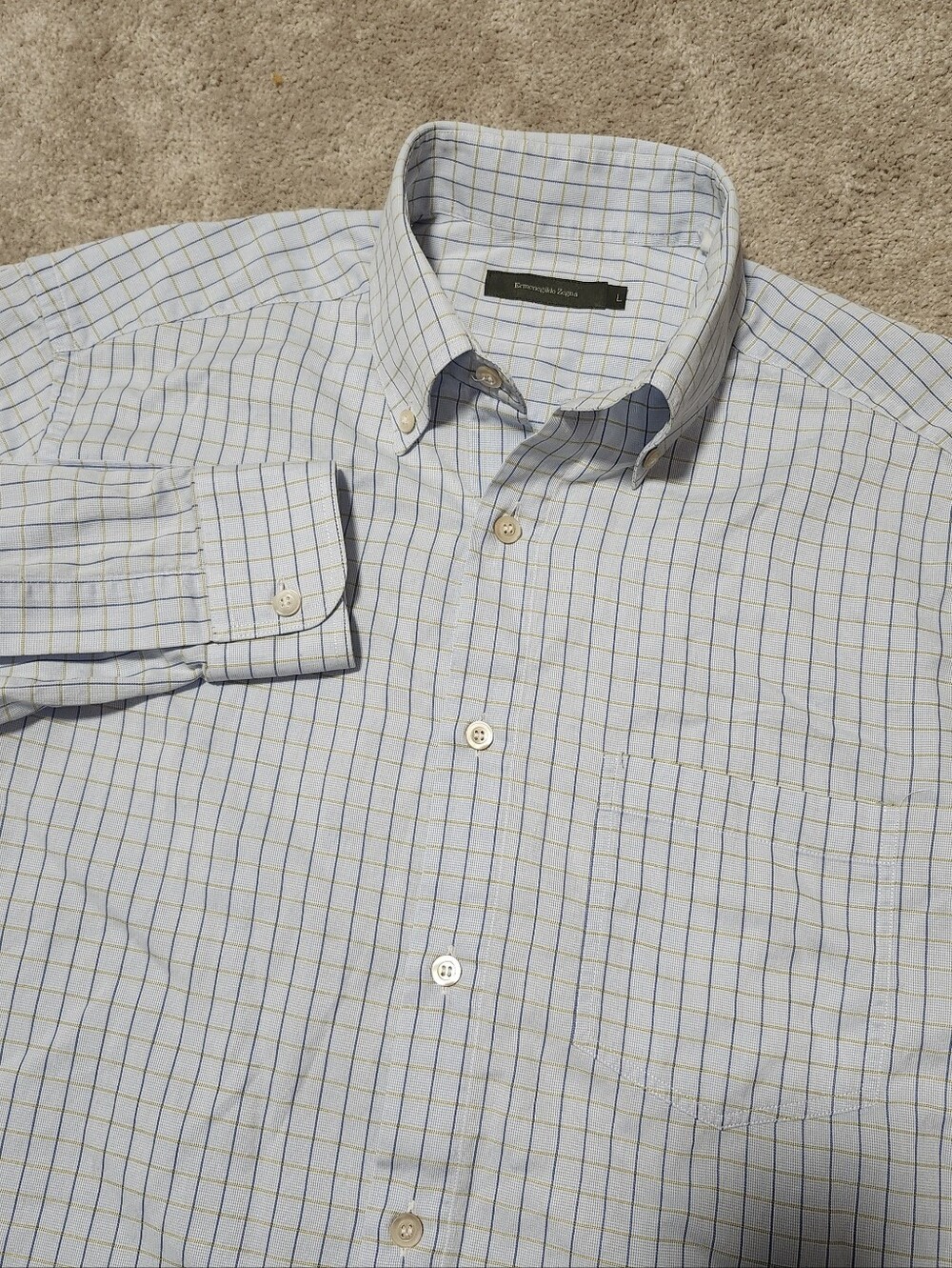 Ermenegildo Zegna Men's Large Light Blue Check Cotton Button-Down Dress Shirt